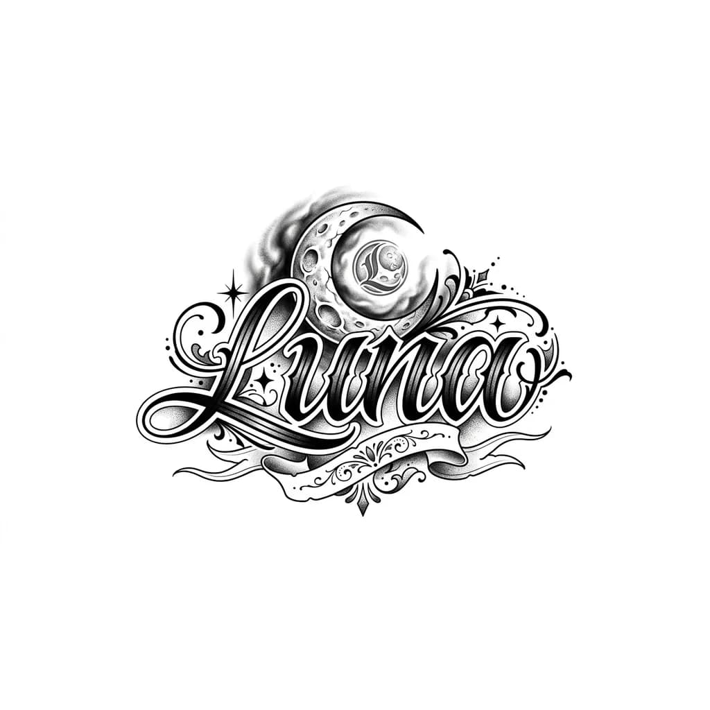 Letering con el nombre, Luna con sombras por todo lado y difuminado y un logo de la luna