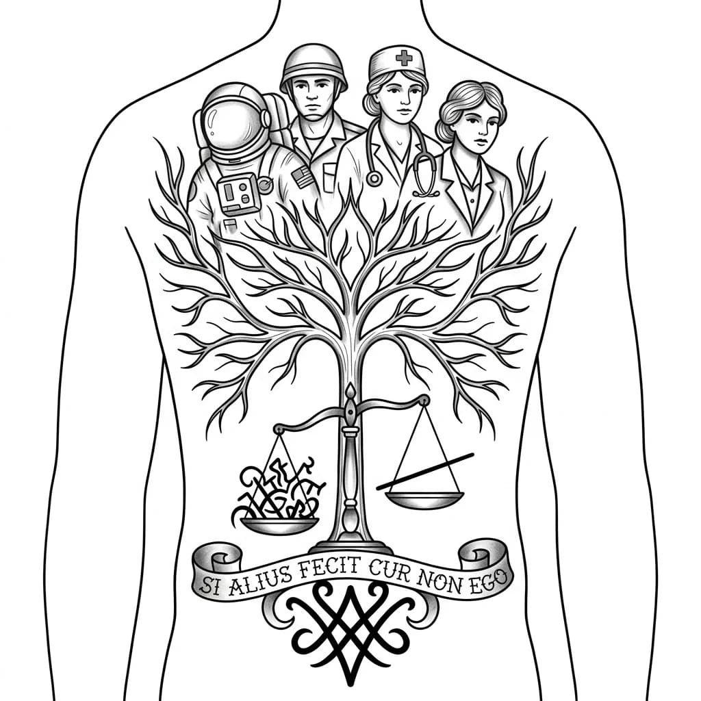full back tattoo, fine line engraving style, minimal shading, no heavy black fill, elegant composition following spine. top: ghost-like overlapping figures (astronaut, soldier, veterinarian, businesswoman). center: tree or nervous system with branching paths. lower: antique balance scale, chaos vs single straight line. bottom: abstract sigil. subtle latin text "Si alius fecit cur non ego". clean, detailed, not saturated