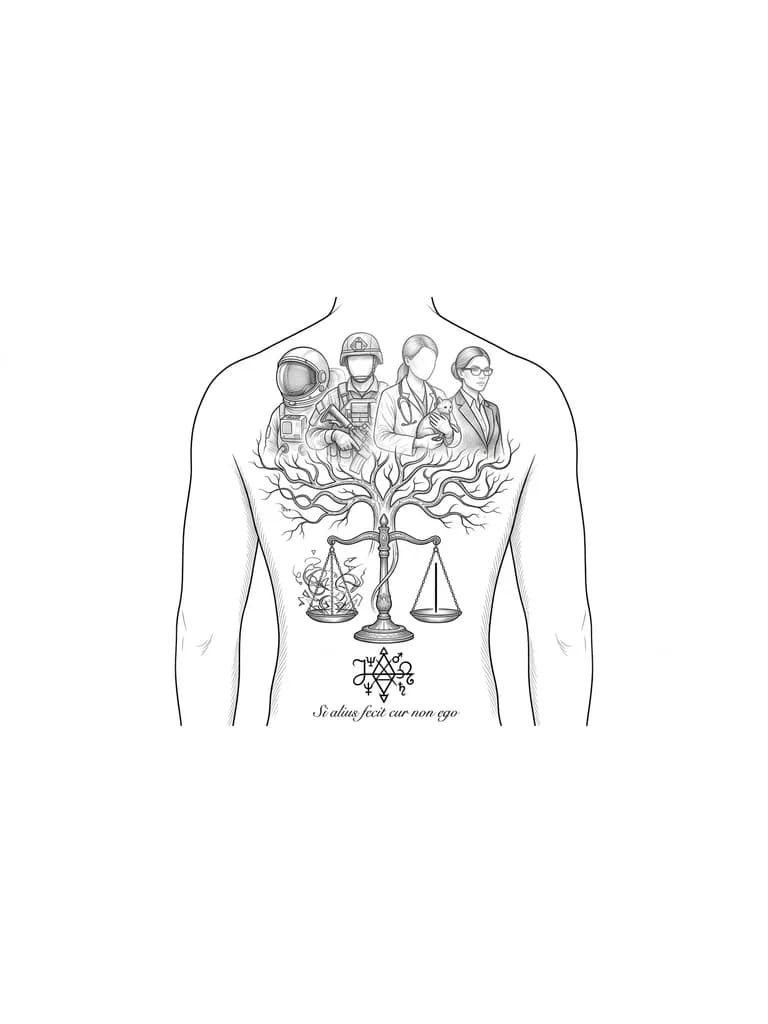 full back tattoo, fine line engraving style, minimal shading, no heavy black fill, elegant composition following spine. top: ghost-like overlapping figures (astronaut, soldier, veterinarian, businesswoman). center: tree or nervous system with branching paths. lower: antique balance scale, chaos vs single straight line. bottom: abstract sigil. subtle latin text "Si alius fecit cur non ego". clean, detailed, not saturated