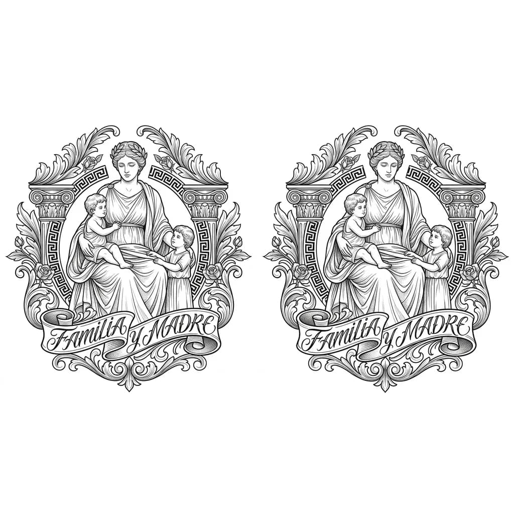 Hazme un tatto estilo grecoromano con una figura grecoromana que represente la familia i mi madre , decordado por los lados , que no sea solo la figura.
