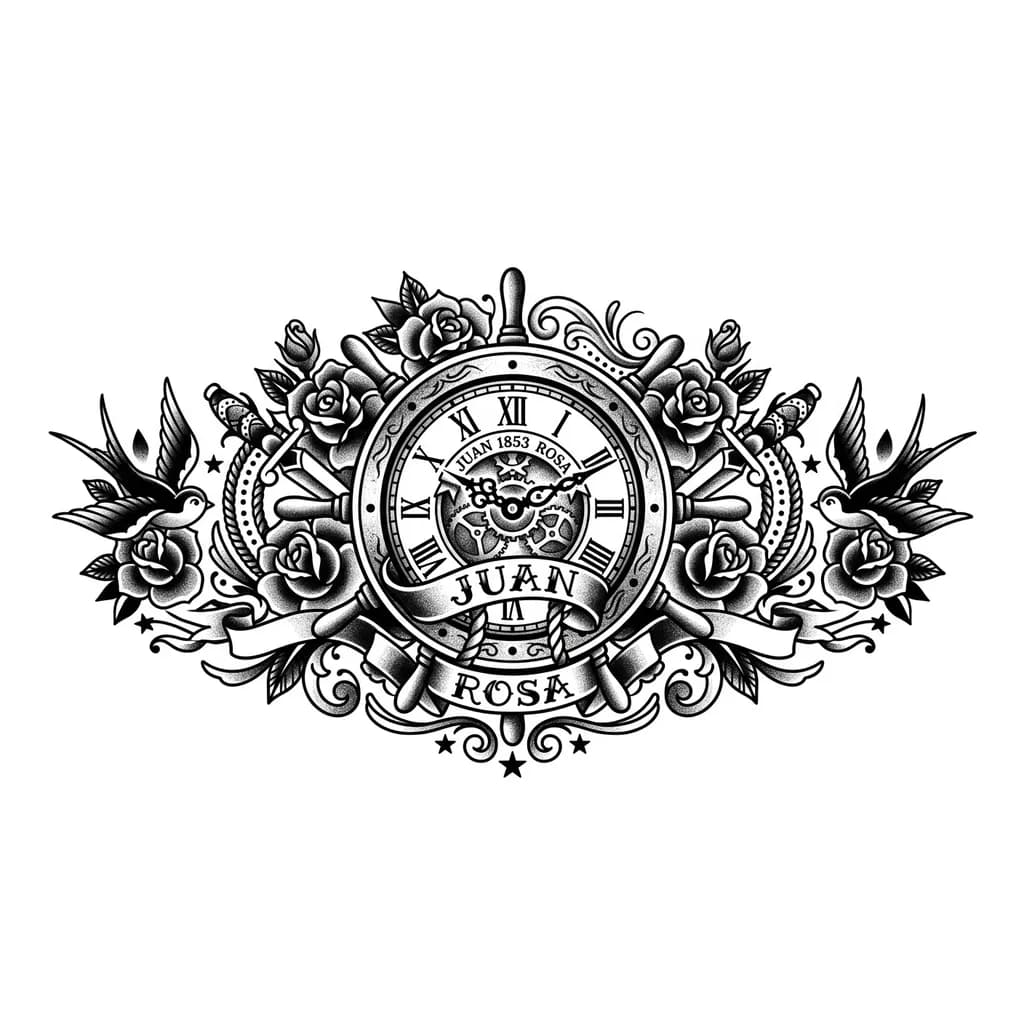 Créame un tatuaje el cual simbolice a mis abuelos mi iaia se llama rosa y mi iaio Juan mi iaio siempre le ha gustado el tema de los relojes y quiero algo fuerte y bonito para el brazo créame una imagen Y quiero que sea algo femenino y si quieres puedes añadir las fechas Juan 1853 rosa 1857 y prefiero en l parte de abajo del brazo que tenga un poco raíz gitana y en el reloj podrías añadir los nombres y las fechas