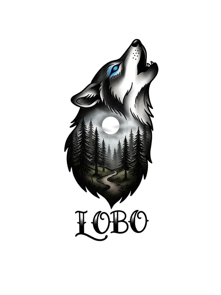 tatuaje de lobo estilo doble exposición, silueta de lobo con bosque oscuro dentro, luna llena brillante al fondo, niebla sutil entre los árboles, ojos del lobo con color azul intenso, estilo realista con sombras suaves, composición vertical para antebrazo, diseño limpio y tatuable, alto contraste, detalles finos pero no excesivos, estilo black and grey con toques de color