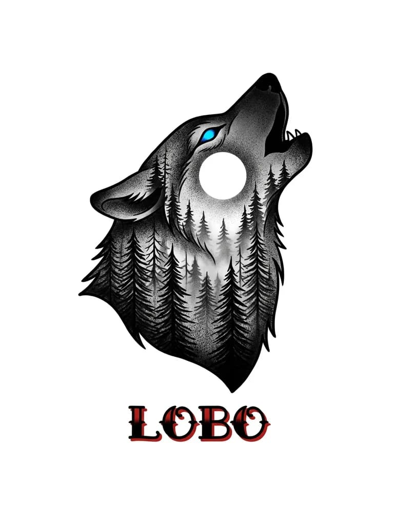 tatuaje de lobo estilo doble exposición, silueta de lobo con bosque oscuro dentro, luna llena brillante al fondo, niebla sutil entre los árboles, ojos del lobo con color azul intenso, estilo realista con sombras suaves, composición vertical para antebrazo, diseño limpio y tatuable, alto contraste, detalles finos pero no excesivos, estilo black and grey con toques de color