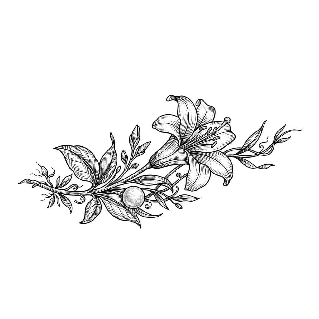 faça uma tatuagem com o desenho de uma flor de lírio e uma pérola