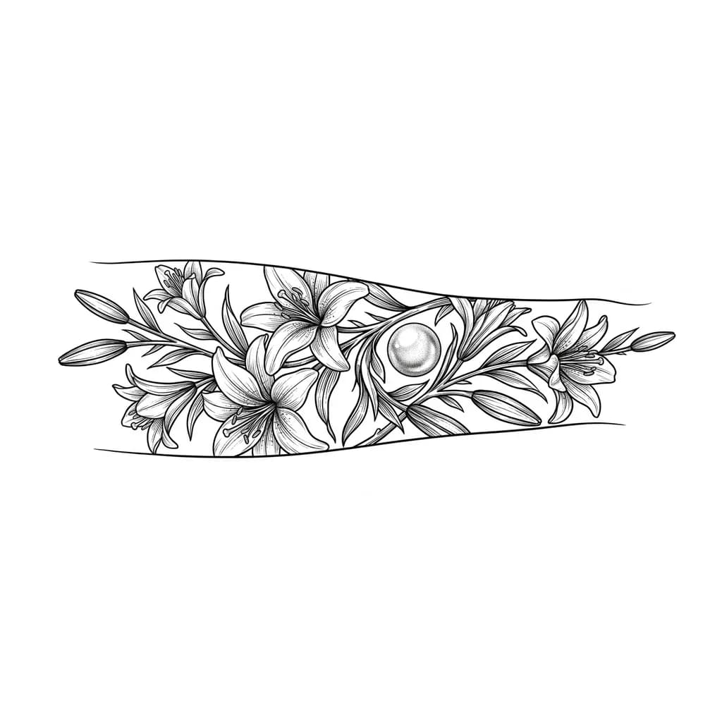 faça uma tatuagem com o desenho de uma flor de lírio e uma pérola