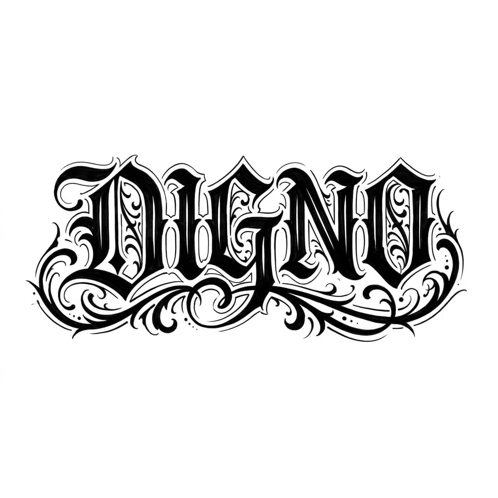 word "DIGNO", extreme dark gothic blackletter tattoo, chicano style, very bold letters, deep black ink, intense shading, 3D effect, sharp spikes, ornamental flourishes, dark smoke background, high contrast, tattoo stencil, realistic skin tattoo style