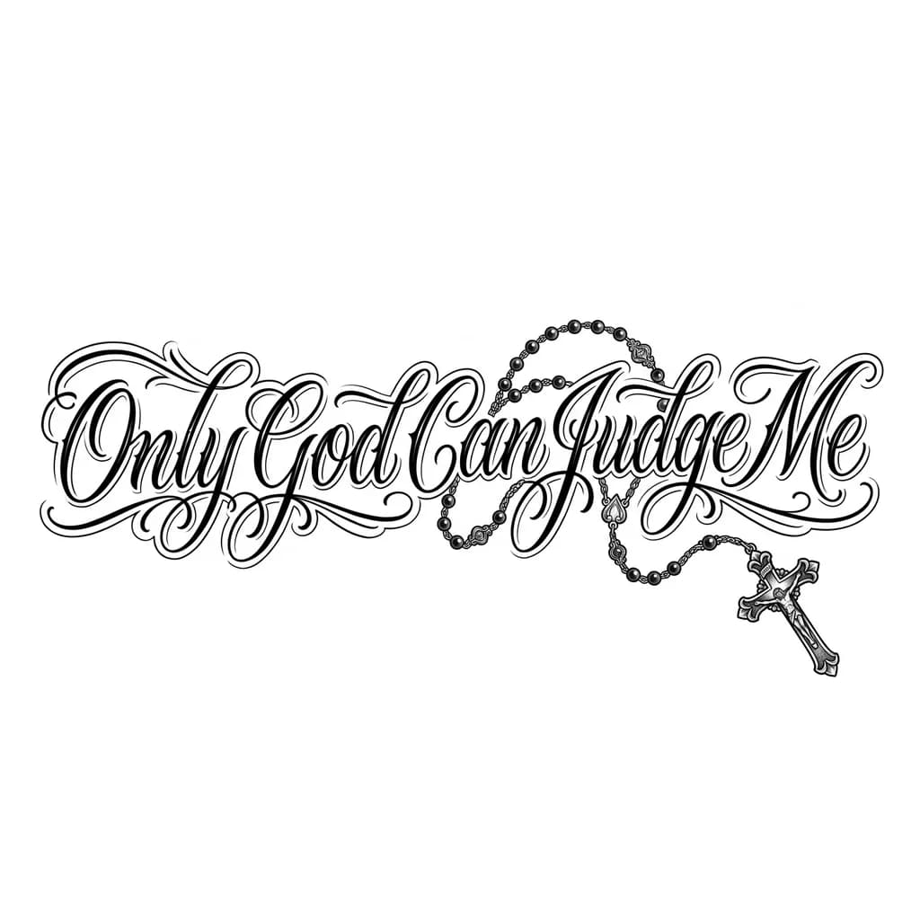 Quero que faça no estilo calligraphy com fonte ballet a seguinte frase: Only God Can Judge Me. A frase deve estar em apenas uma linha com uma pequena curvatura no começo e fim, não quero nenhuma borda na frase, apenas as letras em cor ‘preto’, entre o meio e o fim da frase adicione um terço, estilo vintage em preto e branco com a sua corrente passando encima das letras