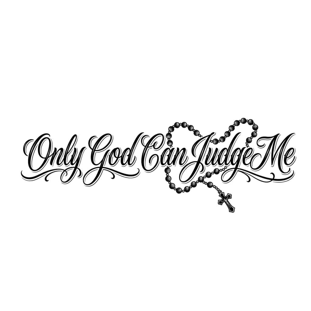 Quero que faça no estilo calligraphy com fonte ballet a seguinte frase: Only God Can Judge Me. A frase deve estar em apenas uma linha com uma pequena curvatura no começo e fim, não quero nenhuma borda na frase, apenas as letras em cor ‘preto’. Entre o meio e o fim da frase adicione um terço escuro vintage em preto e branco, com a sua corrente passando por cima das letras, não esqueça que a frase deve ter uma pequena curvatura no começo e fim