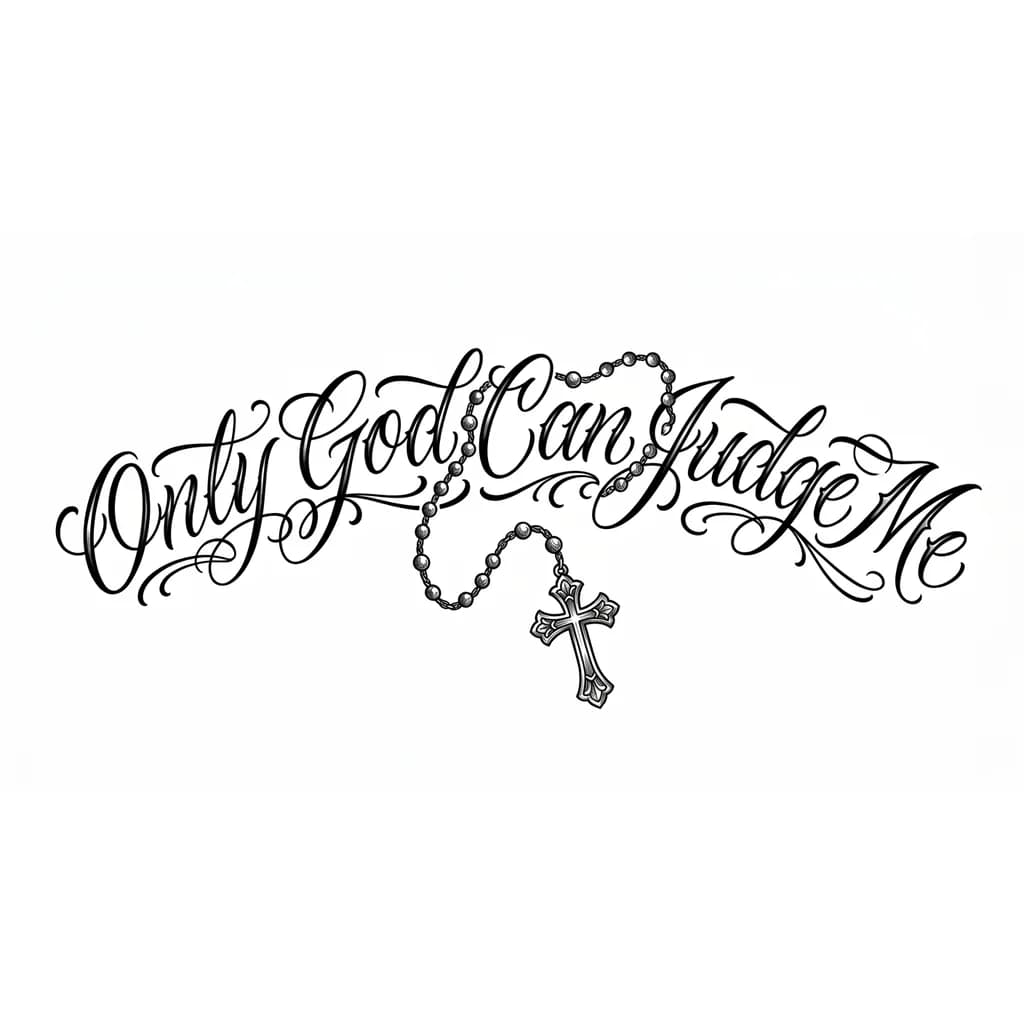 Quero que faça no estilo calligraphy com fonte ballet a seguinte frase: Only God Can Judge Me. A frase deve estar em apenas uma linha com uma pequena curvatura no começo e fim. Entre o meio e o fim da frase adicione um terço escuro vintage em preto e branco, com a sua corrente passando por cima das letras, não esqueça que a frase deve ter uma curvatura no começo e fim