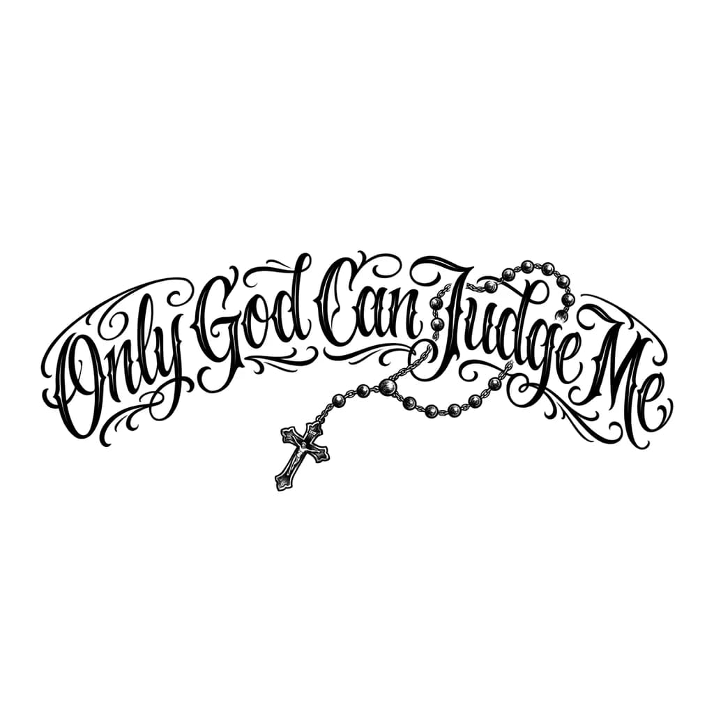 Quero que faça no estilo calligraphy com fonte ballet a seguinte frase: Only God Can Judge Me. A frase deve estar em apenas uma linha com uma pequena curvatura no começo e fim, não quero nenhuma borda na frase, apenas as letras em cor ‘preto’. Entre o meio e o fim da frase adicione um terço escuro vintage em preto e branco, com a sua corrente passando por cima das letras, não esqueça que a frase deve ter uma pequena curvatura no começo e fim