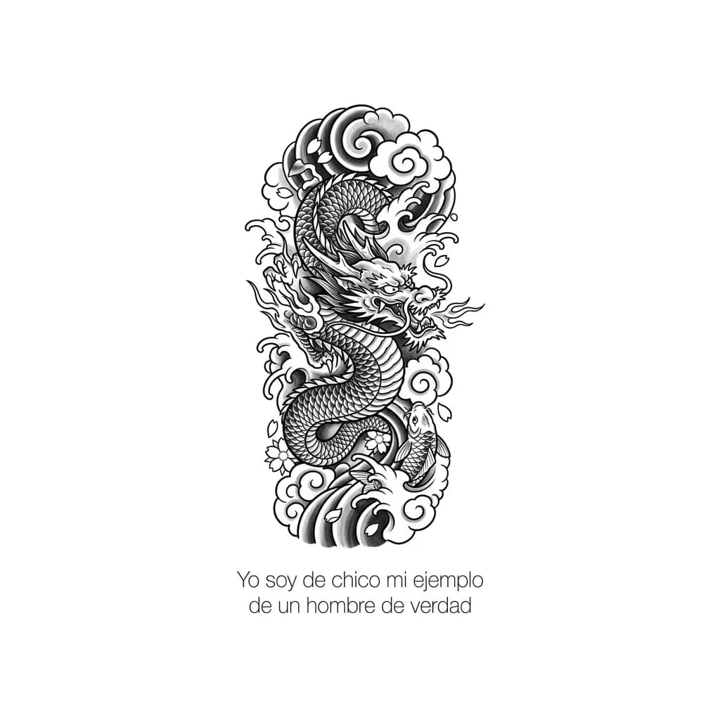 “Frase ‘Yo soy de chico mi ejemplo de un hombre de verdad’ en tipografía fina estilo tatuaje minimalista, líneas limpias, tinta negra, diseño elegante, composición vertical, fondo blanco”