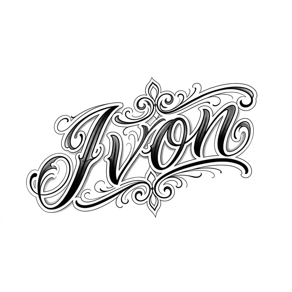 ivon in chicano script lettering, flowing curved baseline, diagonal composition, elegant ornamental flourishes, smooth swashes, bold and thin contrast lines, black and grey tattoo style, soft realistic shading, 3D depth, clean highlights, highly detailed, symmetrical decorative elements, classic lowrider lettering style