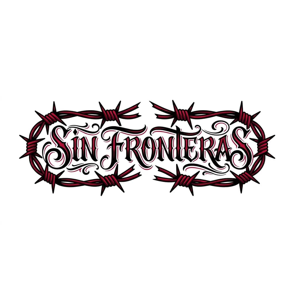 Quiero hacerme encima de la rodilla un tatuaje de un alambre de espino rojo y negro roto por las palabras "SIN FRONTERAS"