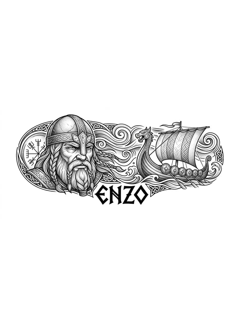 Quiero un tatuaje que cubra la parte externa de mi antebrazo, que tenga una cara de un vikingo y barco vikingo estilo realista