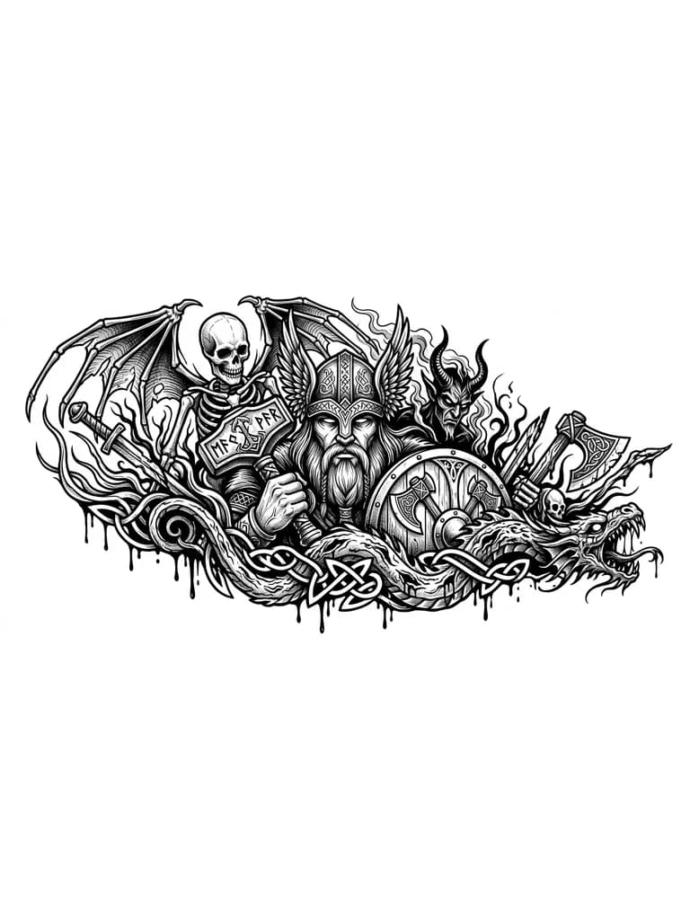 Tatuaje de manga completa en estilo realista black & grey, con un guerrero vikingo de expresión seria, barba larga y casco ornamentado con alas. Detalles metálicos y grabados nórdicos intrincados. Sostiene una reliquia tipo martillo de Thor Fondo con patrones nórdicos fluidos que rellenan el brazo. Iluminación dramática, alto contraste, sombreado suave y estilo hiperrealista.