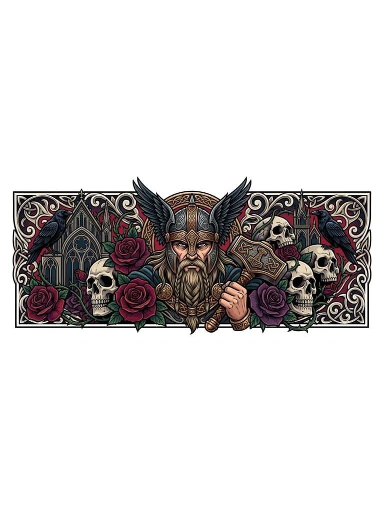 Tatuaje de manga completa en estilo realista black & grey, con un guerrero vikingo de expresión seria, barba larga y casco ornamentado con alas. Detalles metálicos y grabados nórdicos intrincados. Sostiene una reliquia tipo martillo de Thor Fondo con patrones nórdicos fluidos que rellenan el brazo. Iluminación dramática, alto contraste, sombreado suave y estilo hiperrealista.