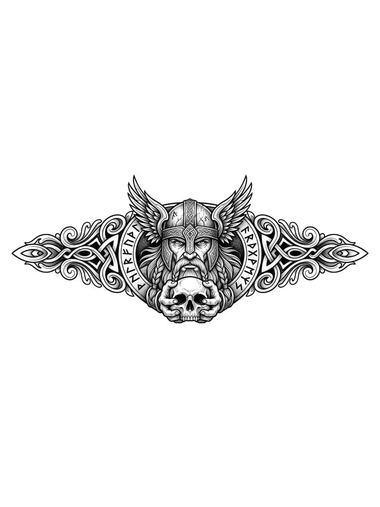 Tatuaje manga completa black & grey hiperrealista: rostro de guerrero vikingo con expresión intensa, barba larga y detallada, casco con alas grandes y grabados nórdicos finos. Textura metálica pulida. Debajo, sostiene un cráneo tallado con ambas manos. Composición vertical fluida con ornamentos nórdicos envolventes. Sombras profundas, alto contraste, iluminación dramática, acabado de tatuaje profesional sobre piel real.